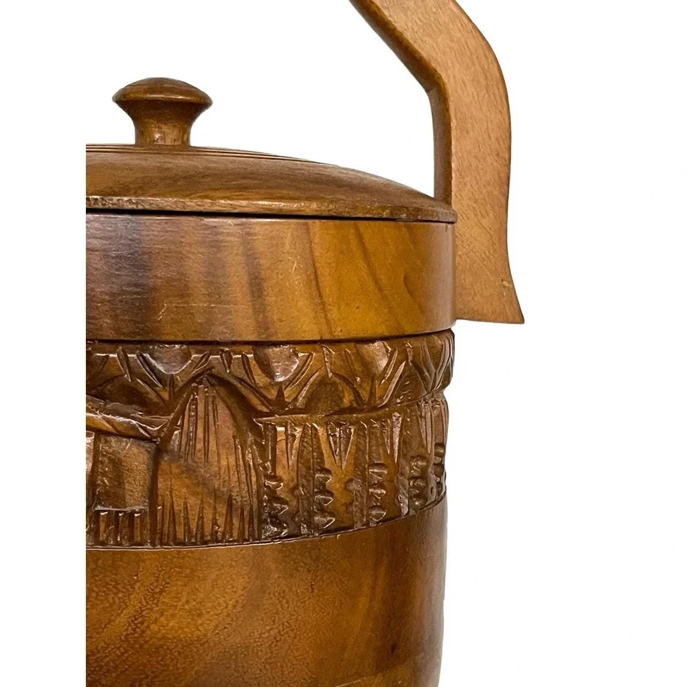 Hand Carved Wooden Tiki Bar Ice Bucket, Mid Century Barware, Polynesian Decor
